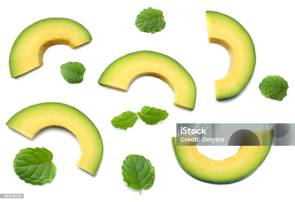 healthy food. sliced avocado isolated on white background. top view Avocado Stock Photo