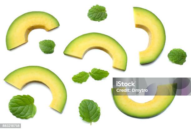 Healthy Food Sliced Avocado Isolated On White Background Top View Stock Photo - Download Image Now