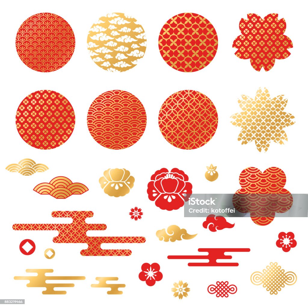 Chinese and japanese decorative icons, clouds, flowers Chinese and japanese decorative icons, clouds, flowers and patterns. Vector Illustration. Peony flowers, geometric ornaments in traditional red and gold colors Pattern stock vector