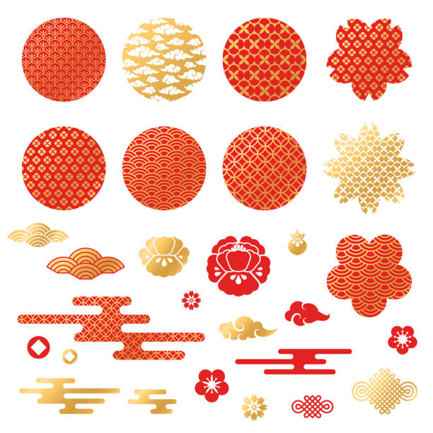 Chinese and japanese decorative icons, clouds, flowers Chinese and japanese decorative icons, clouds, flowers and patterns. Vector Illustration. Peony flowers, geometric ornaments in traditional red and gold colors lotus water lily illustrations stock illustrations