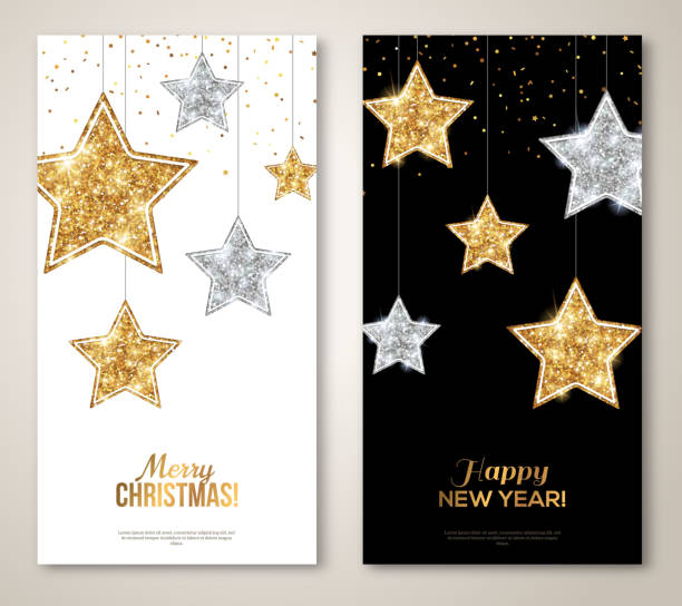 illustrazioni stock, clip art, cartoni animati e icone di tendenza di striscioni verticali con stelle d'argento e d'oro - christmas backgrounds glitter star shape