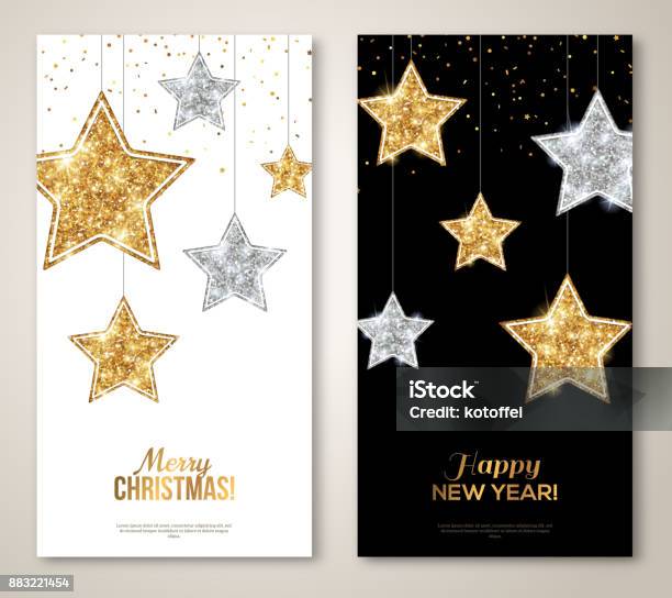 Striscioni Verticali Con Stelle Dargento E Doro - Immagini vettoriali stock e altre immagini di A forma di stella - A forma di stella, Natale, Oro - Metallo