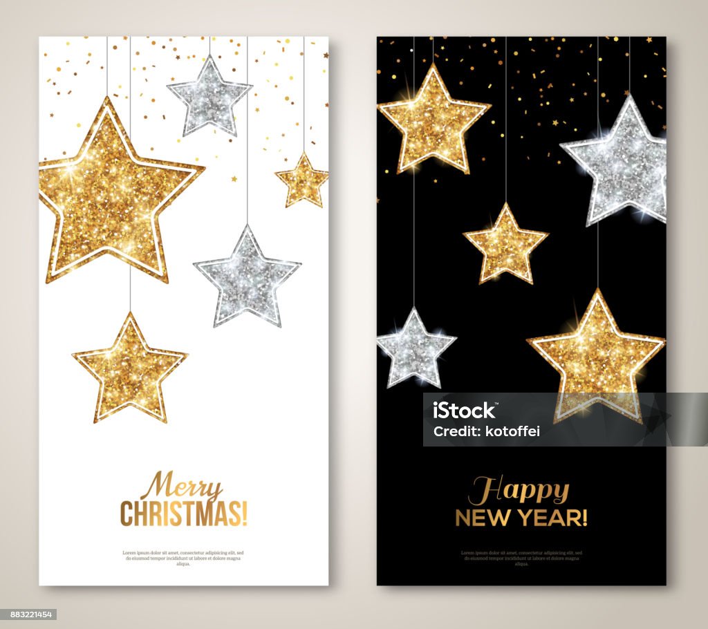 Vertical Banners with Silver and Gold Stars Merry Christmas and Happy New Year Vertical Banners with Silver and Gold Stars. Glitter Background. Vector illustration. Sequins Pattern. Glowing Invitation Template. Star Shape stock vector