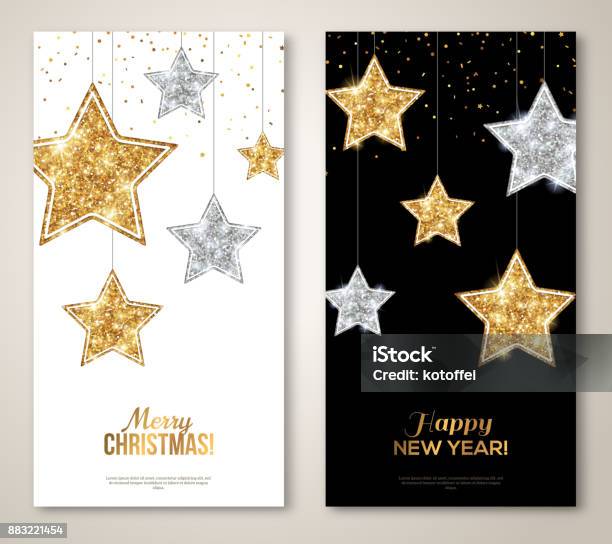 Vertical Banners With Silver And Gold Stars Stock Illustration - Download Image Now - Star Shape, Christmas, Gold - Metal