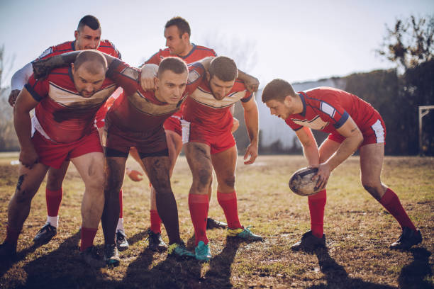 rugby spel - rugby scrum stockfoto's en -beelden