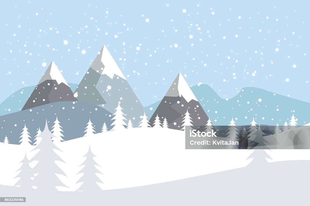 Paesaggio vettoriale pianeggiante con sagome di alberi, colline e montagne con neve che cade. - arte vettoriale royalty-free di Neve