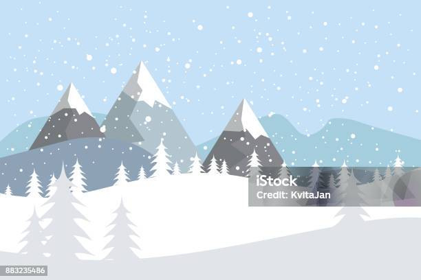 Paesaggio Vettoriale Pianeggiante Con Sagome Di Alberi Colline E Montagne Con Neve Che Cade - Immagini vettoriali stock e altre immagini di Neve
