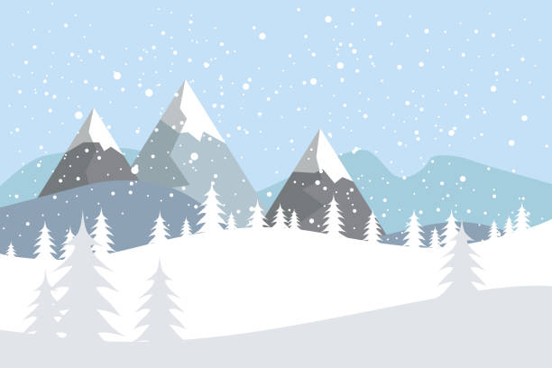 ilustrações, clipart, desenhos animados e ícones de paisagem plana vector com silhuetas de árvores, colinas e montanhas com neve caindo. - winter snow backgrounds landscape