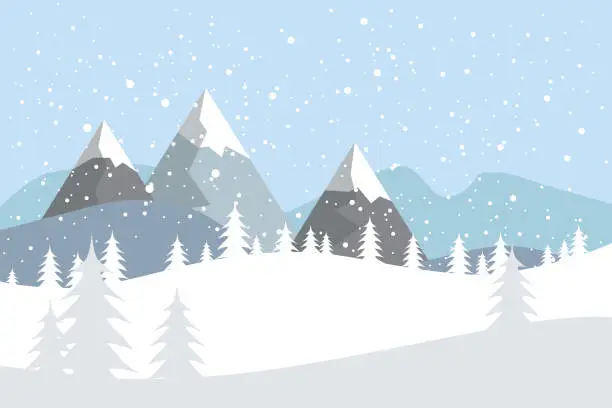 Vector illustration of Flat vector landscape with silhouettes of trees, hills and mountains with falling snow.