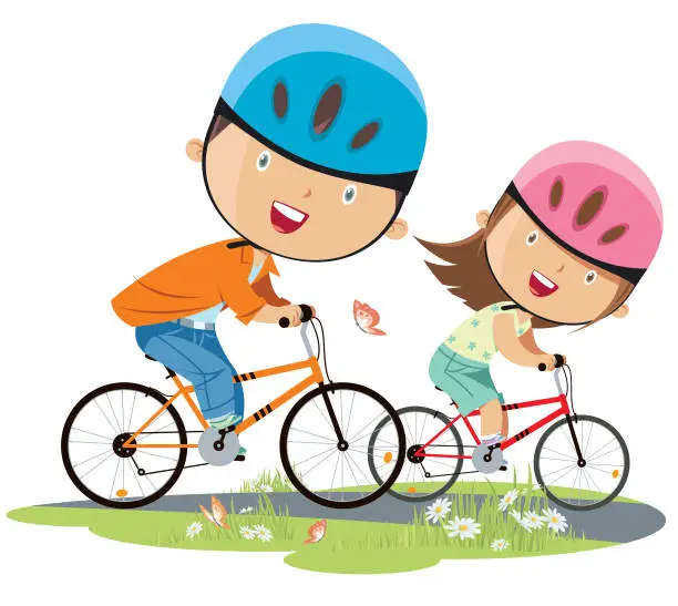 Vector illustration of girl and boy on bicycle