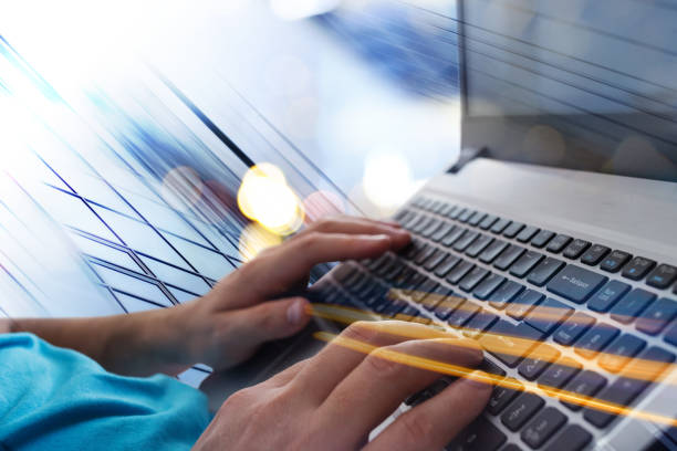 istock Man's hands typing on laptop notebook keyboard in the office. Man browsing information on internet. Freelance blogging, it support concept 883248190