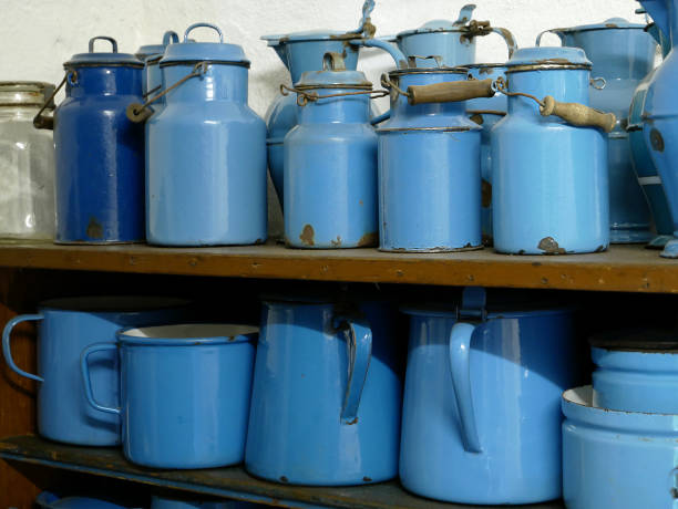 istock Set of blue aluminium bottle for milk. 883261136