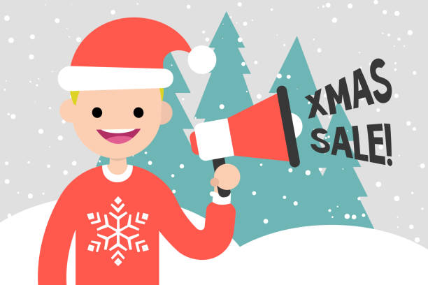 ilustrações, clipart, desenhos animados e ícones de venda de natal. oferta especial. atividade de marketing. jovem personagem segurando um megafone. descontos sazonais. ilustração em vetor editável plana, clip-art - winter public speaker megaphone snow