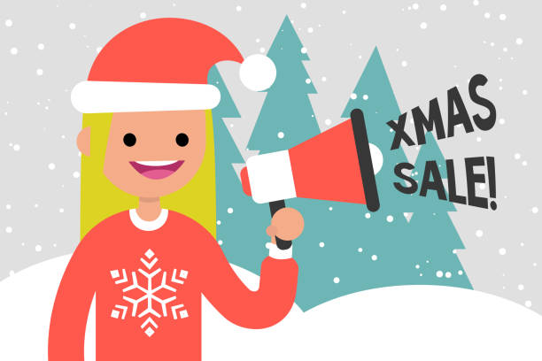 ilustrações, clipart, desenhos animados e ícones de venda de natal. oferta especial. atividade de marketing. jovem personagem segurando um megafone. descontos sazonais. ilustração em vetor editável plana, clip-art - winter public speaker megaphone snow