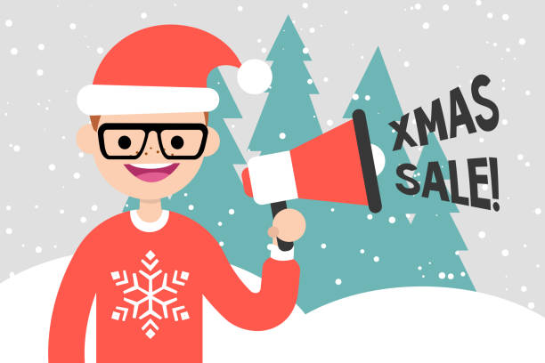 ilustrações, clipart, desenhos animados e ícones de venda de natal. oferta especial. atividade de marketing. jovem personagem segurando um megafone. descontos sazonais. ilustração em vetor editável plana, clip-art - winter public speaker megaphone snow