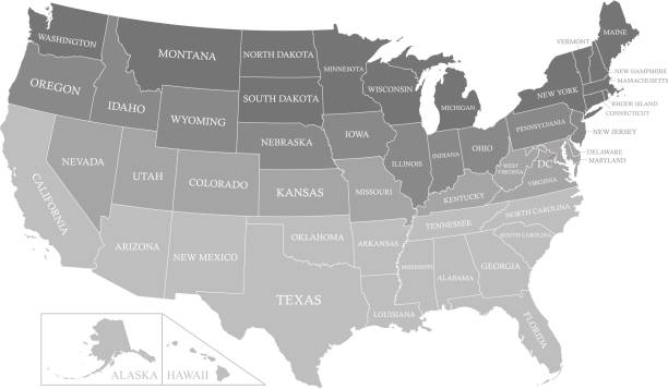 USA map outline with states labeled vector gray background printable The map is accurately prepared by a GIS and remote sensing specialist. Every state has a separate boundary that can be edited. connecticut stock illustrations