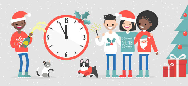 illustrazioni stock, clip art, cartoni animati e icone di tendenza di un gruppo di amici interrazziali che celebrano il nuovo anno. grande orologio da parete che mostra mezzanotte. persone e animali domestici. fiocchi. maglioni di natale. illustrazione vettoriale modificabile piatta, clipart - christmas child friendship little boys