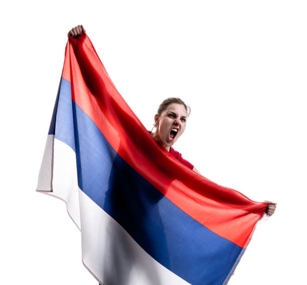 istock Russian female athlete / fan celebrating on white background 883283220
