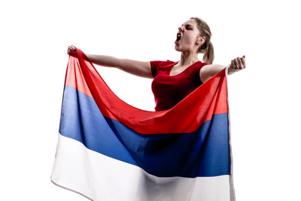 istock Russian female athlete / fan celebrating on white background 883283240