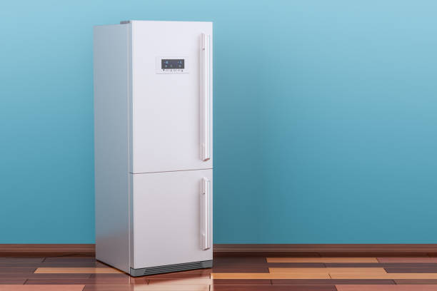 istock Modern fridge in room on the wooden floor, 3D rendering 883283280