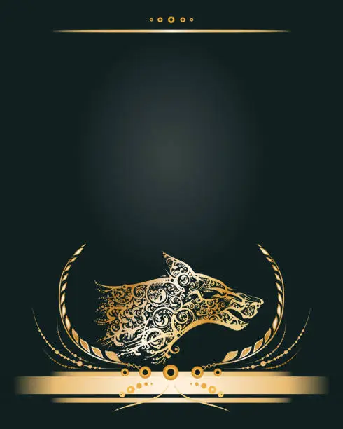 Vector illustration of Vintage golden banner or greeting card with stylized wolf head profile.