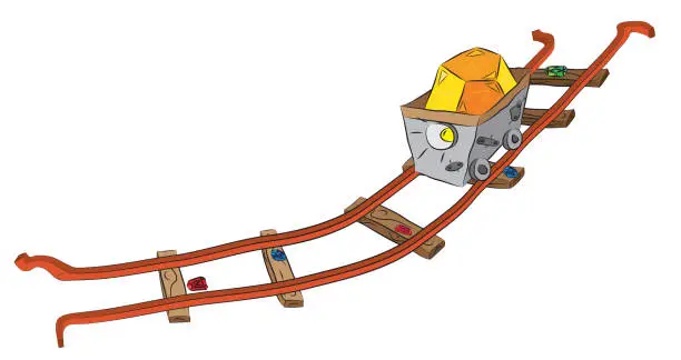 Vector illustration of Mining cart on railway loaded by precious gold ore