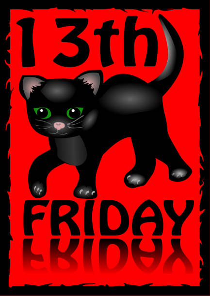 istock 13th friday poster. Humorous flyer with a little black kitten cartoon on red background. 883336694