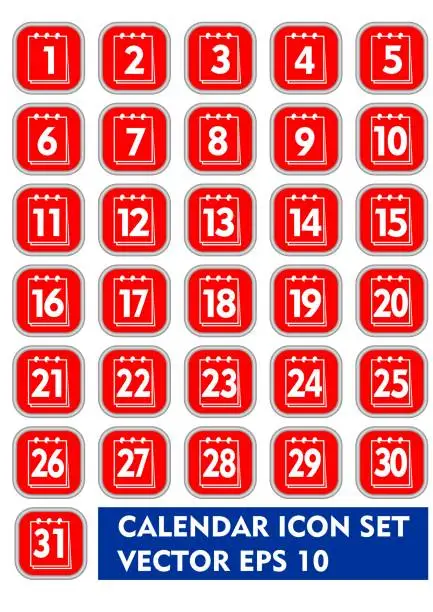 Vector illustration of Calendar icon set in red and white design. Square icons with thin metallic frame, calendar pictogram with numbers from 1 to 31, web design elements