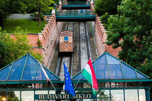 Funicular in Budapest, Hungary. The Budapest funicular was built in 1870. During the Second World War, it was severely damaged, and in the next five years all the remaining details were pulled apart. The funicular was restored and began to function again only in 1986.