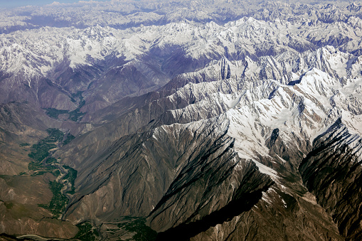 Aerial view from the air to Naga valley, Nasirabad, Pakistan, Karakorum, Central Asia