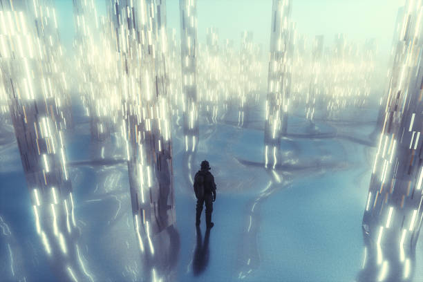 istock Man in hazmat suit standing in futuristic field 883377444