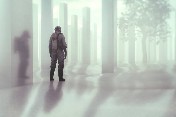 istock Man in hazmat suit standing in futuristic field 883379206