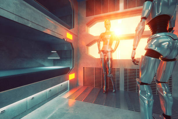 istock Futuristic cyborgs in spaceship hotel room 883382378