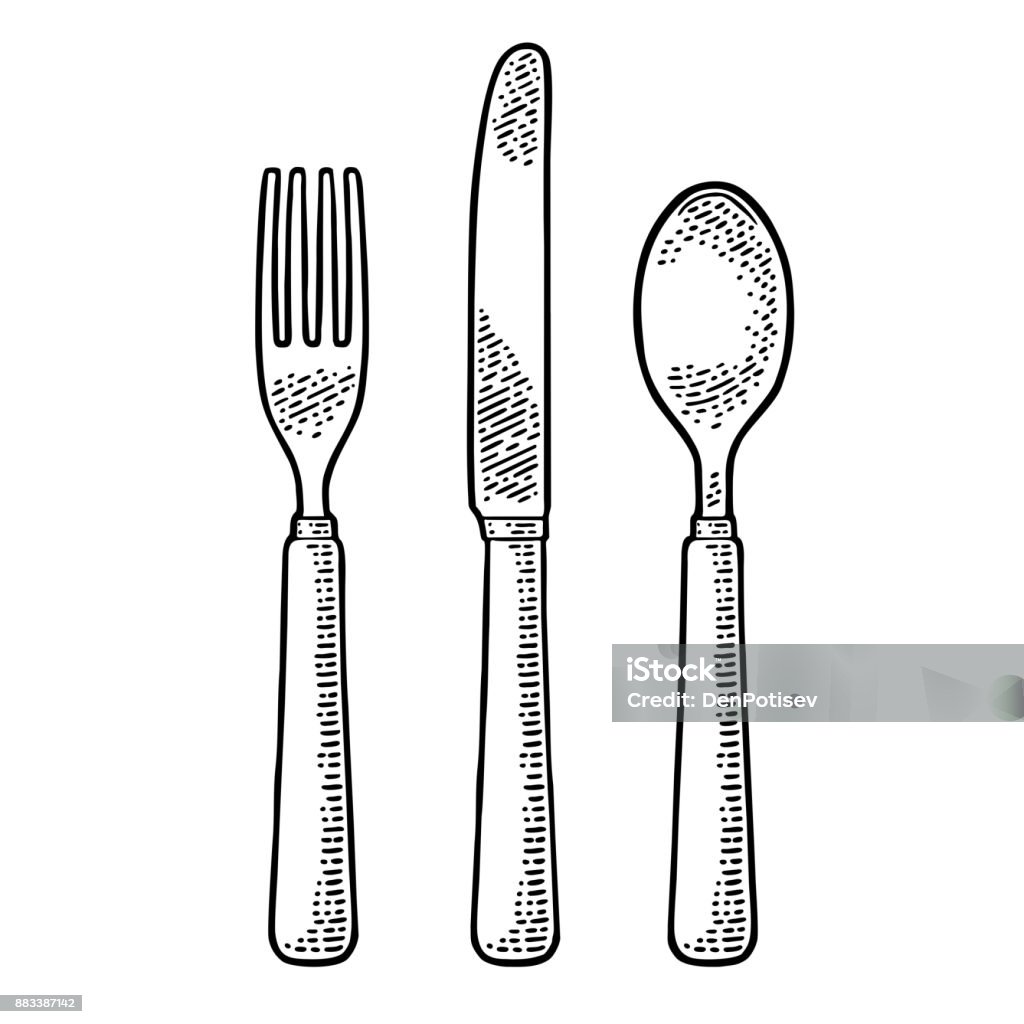 Cutlery set with knifes, spoon and fork. Vector vintage engraving Cutlery set with knifes, spoon and fork. Vector black vintage engraving illustration for menu, poster, label. Isolated on white background Fork stock vector