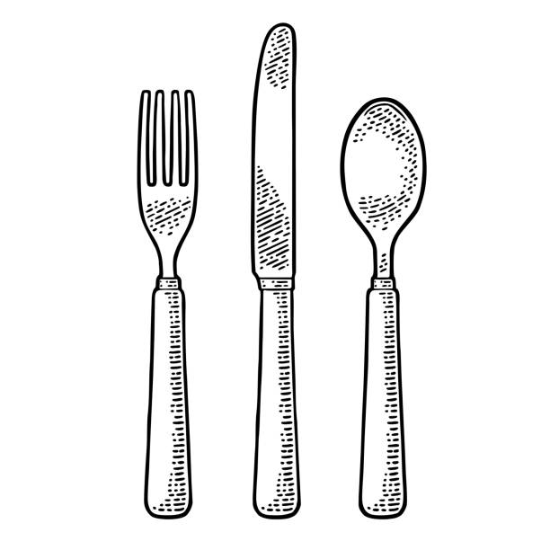 Cutlery set with knifes, spoon and fork. Vector vintage engraving Cutlery set with knifes, spoon and fork. Vector black vintage engraving illustration for menu, poster, label. Isolated on white background silverware illustrations stock illustrations