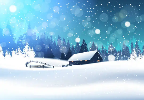 Vector illustration of Beautiful Winter Landscape With House In Snowy Forest