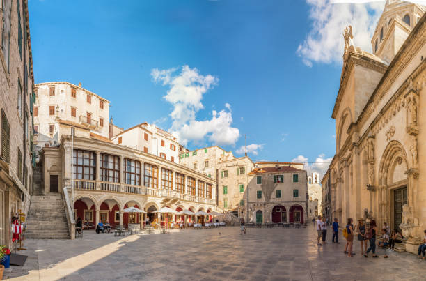 People walking and exploring at St James cathedral square in Sibenik,Croatia.May 26,2017\