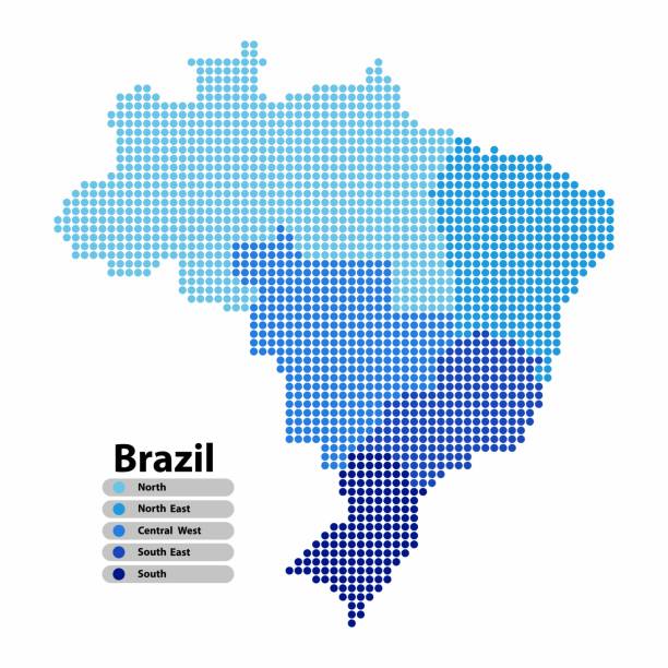 브라질 지도 지역으로 원 모양의 흰색 바탕에 밝은 색상에서 색상 블루. 벡터 일러스트 레이 션 점선 스타일. - cartography flag map global positioning system stock illustrations
