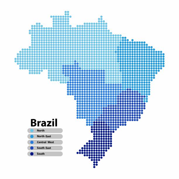 бразилия карта формы круга с регионами синего цвета в ярких цветах на белом фоне. векторная иллюстрация пунктирный стиль. - continents travel travel destinations europe stock illustrations