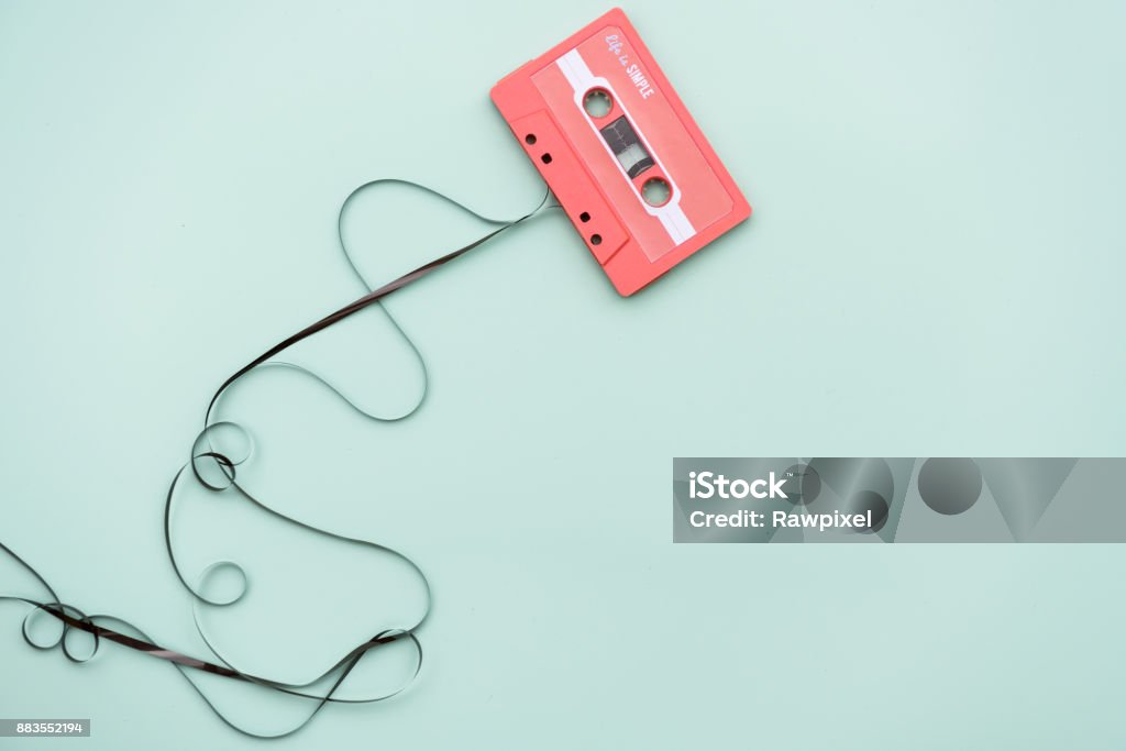 Flat lay of cassette tape Audio Cassette Stock Photo