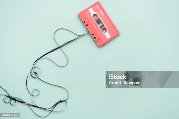 Flat Lay Of Cassette Tape Stock Photo - Download Image Now - Audio Cassette, Pastel Colored, Retro Style