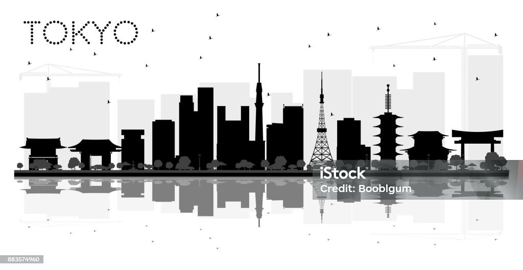 Silueta de horizonte blanco y negro ciudad de Tokio Japón con reflejos. - arte vectorial de Tokio libre de derechos