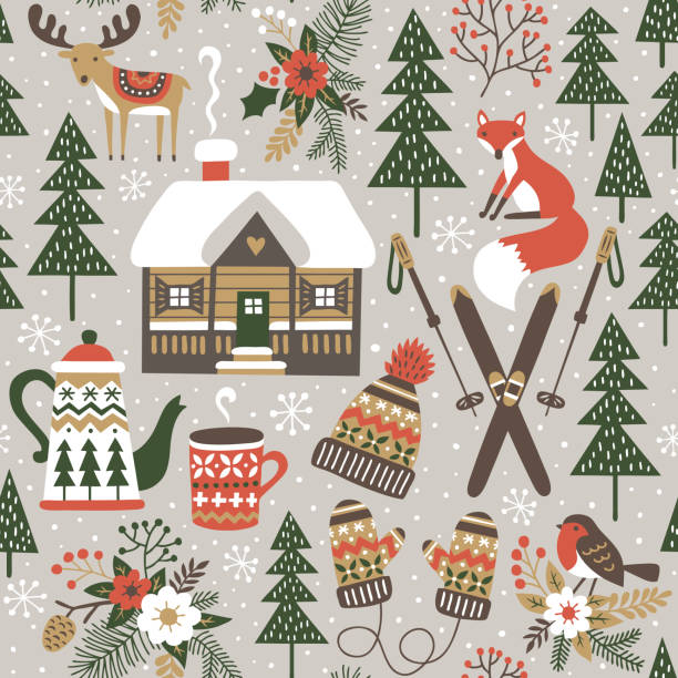 ilustrações de stock, clip art, desenhos animados e ícones de hand drawn seamless vector pattern with snowy trees and cute forest animals. - winter chalet snow residential structure