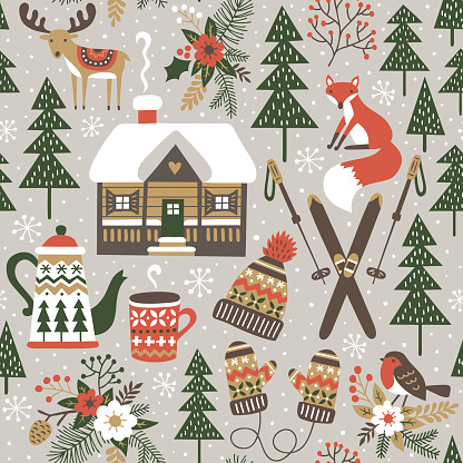 Winter woodland repetitive wallpaper with deer, fox, bird, chalet, flowers and ski on light grey background.