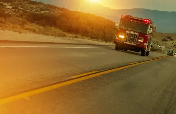 Firetruck Speeding on Highway in California, USA. Fire Department Call to Action.