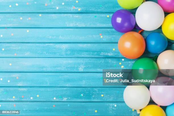 Balloons And Confetti Border Birthday Or Party Background Festive Greeting Card Stock Photo - Download Image Now