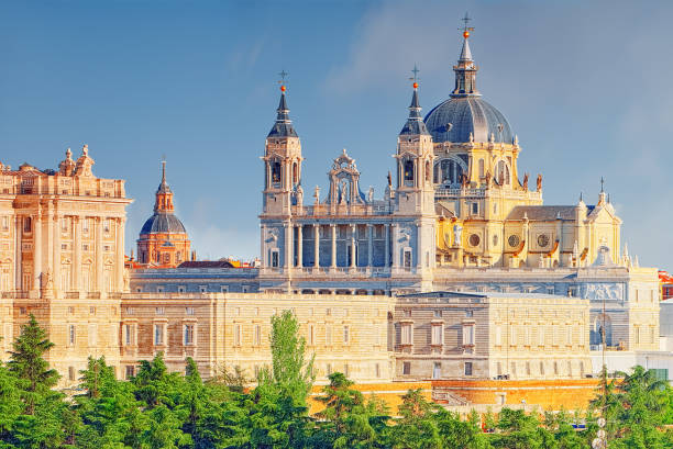 Panorama view on Royal Palace (Palacio Real) in the capital of Spain - beautiful city Madrid from a bird's eye view. Panorama view on Royal Palace (Palacio Real) in the capital of Spain - beautiful city Madrid from a bird's eye view. Spain. mirador stock pictures, royalty-free photos & images