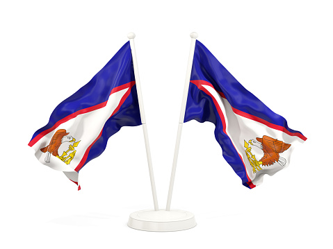 Two waving flags of american samoa isolated on white. 3D illustration