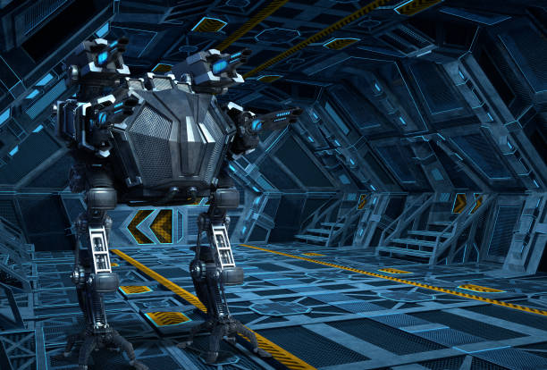 istock Inside of space station with cyborg. 883657562