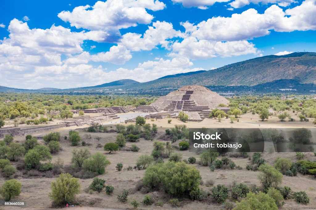 Teotihuacan Pyramids Mexico The city of Teotihuacan and the archaeological site are located in what is now the San Juan Teotihuacán municipality in the State of México, approximately 40 kilometres northeast of Mexico City. The site covers a total surface area of 83 square kilometres and was designated a UNESCO World Heritage Site in 1987. It is the most visited archaeological site in Mexico. Ancient Stock Photo